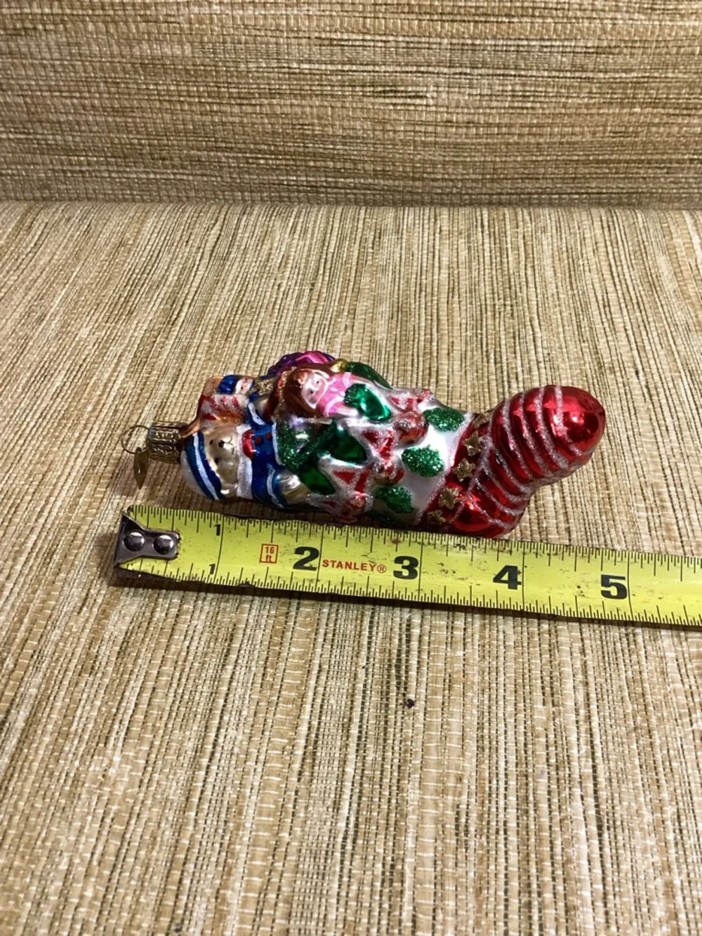 Glass Christmas Stocking Ornament with Santa Design - Red, Green, White